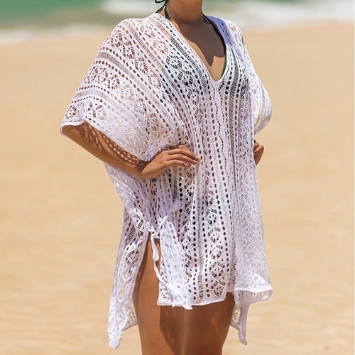 新款跨境热卖ins度假风装针织宽松绑带流苏比基尼泳衣沙滩罩衫