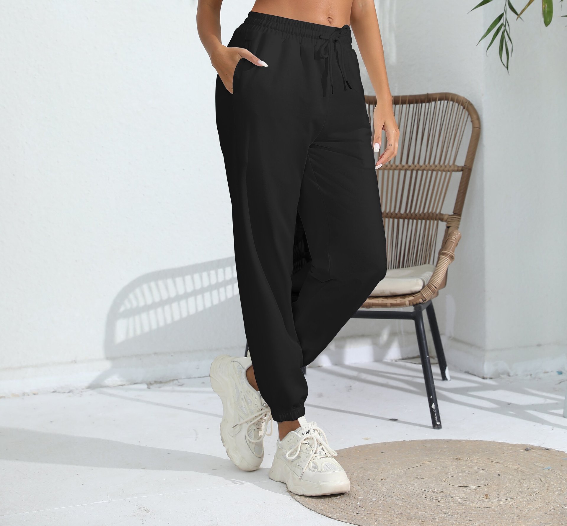 Pantalon de survêtement en polaire noir pour femmes, décontracté, jogging, sport, taille haute, pieds amples, pour la maison_voghion.com