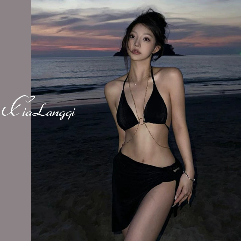 Черный купальник с цепочкой, женское бикини, три предмета, красивый купальник на спине, Горячая весна, пляжный отдых, сексуальный повод