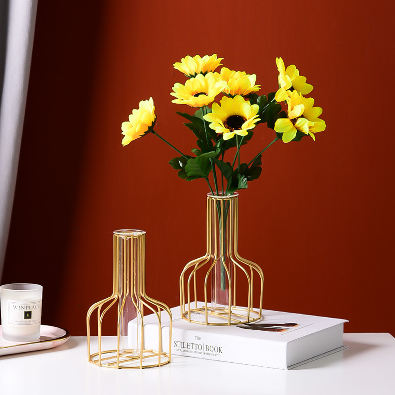 铁艺金色花瓶摆件 客厅餐桌面装饰干花花插绿萝水培玻璃花瓶