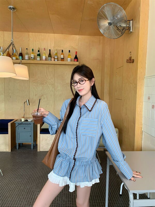 早秋小众宽松POLO领衬衣设计感蓝色条纹长袖衬衫女装韩系开衫上衣|undefined