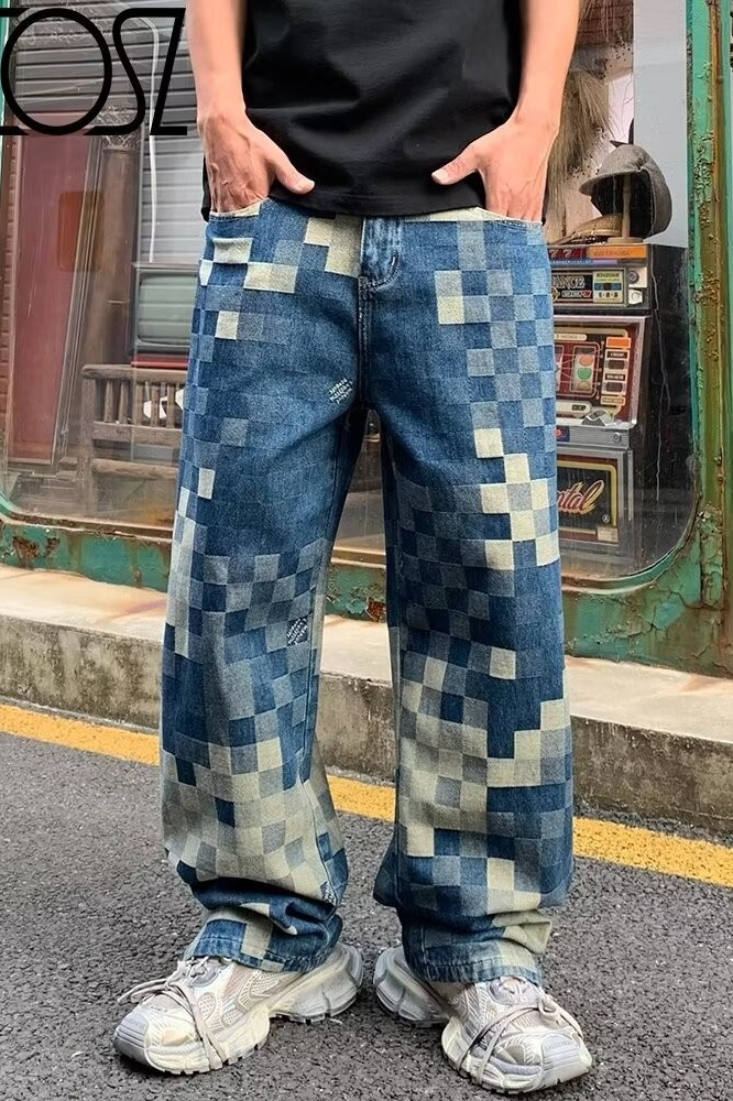 Herren Jeans Mit Schachbrettmuster Straight Leg Luxus Casual Denim_voghion.com