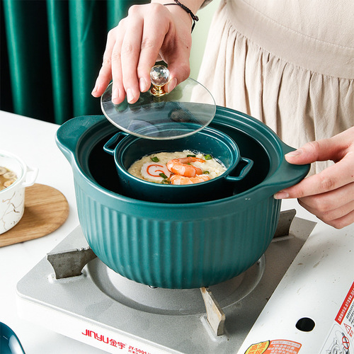 Nordic gold pattern ceramic small stew pot, round household bird's nest cup, double-ear water-proof stew pot with glass lid stew bowl