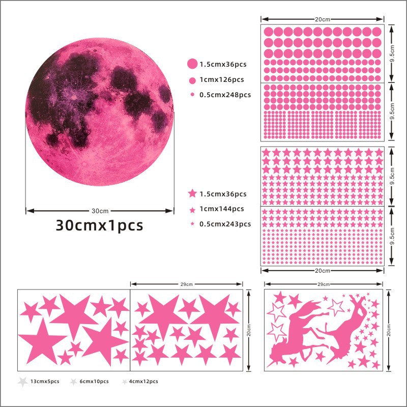 핑크 빛: 30cm 달 + 유니콘 별이 빛나는 하늘 세트