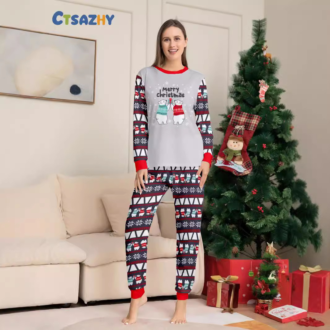 Letras de floco de neve de urso de natal terno de família de natal impresso vestido de casa pijama_voghion.com