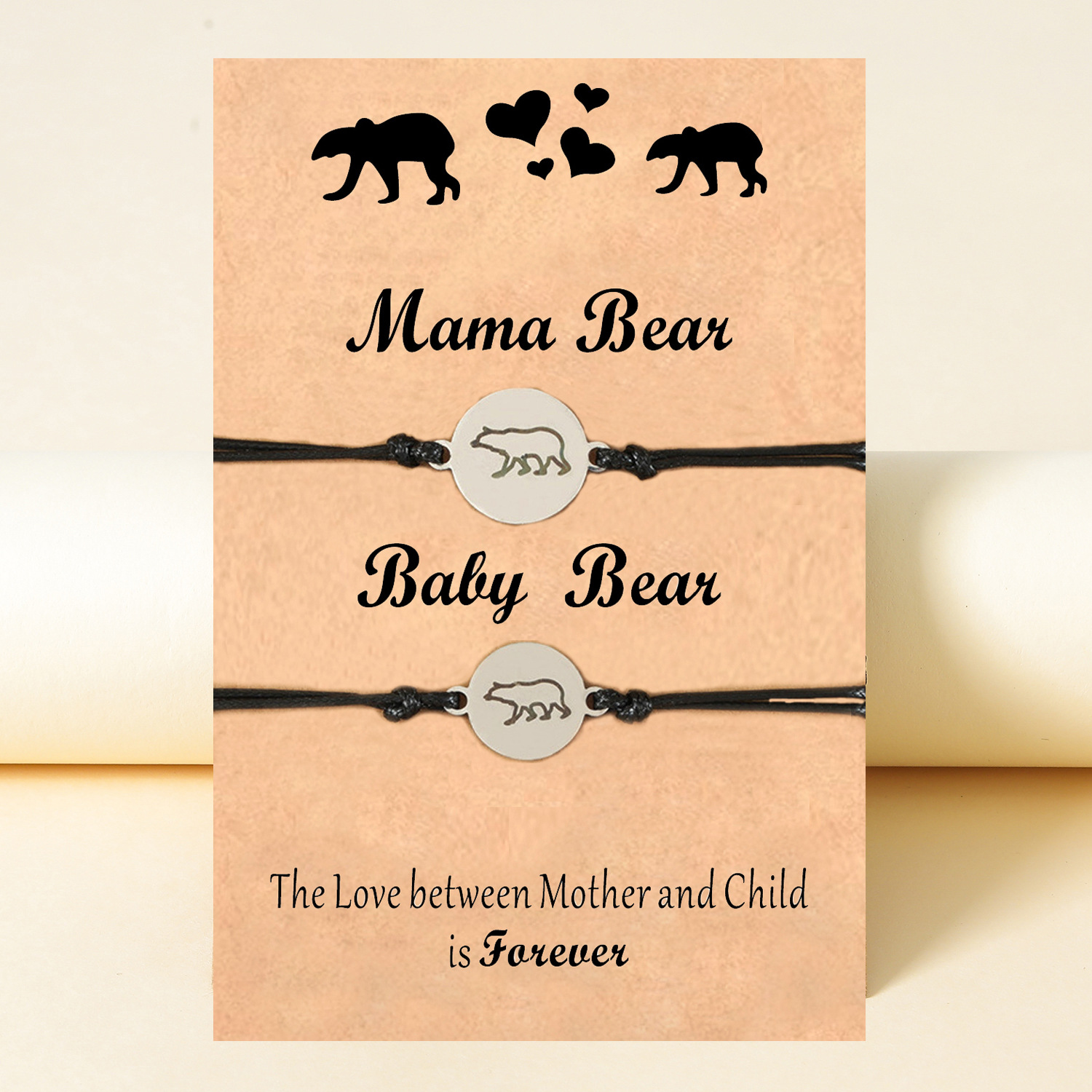 Creative Stainless Steel Hollow Black Label Baby Bear Parent-child Card Hand-woven Bracelet display picture 1