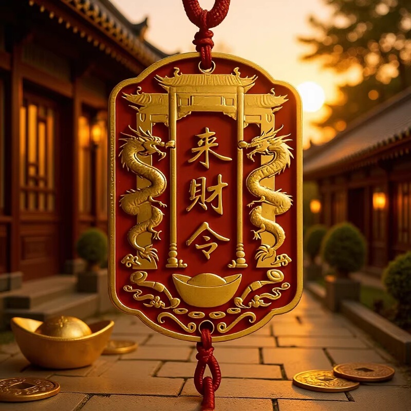 Lucky Fortune Metal Pendant with Dragon Pattern, Red and Gold Color Combination, Home and Car Decoration, Auspicious Ornament