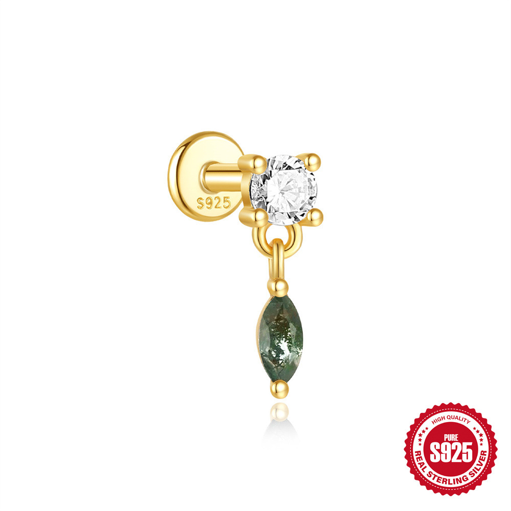 El nuevo s925 simple y moderno hierba de agua natural, uñas de hueso de oreja de ágata, personalidad de lujo ligera europea y americana, pendientes de piedra de musgo verde con incrustaciones