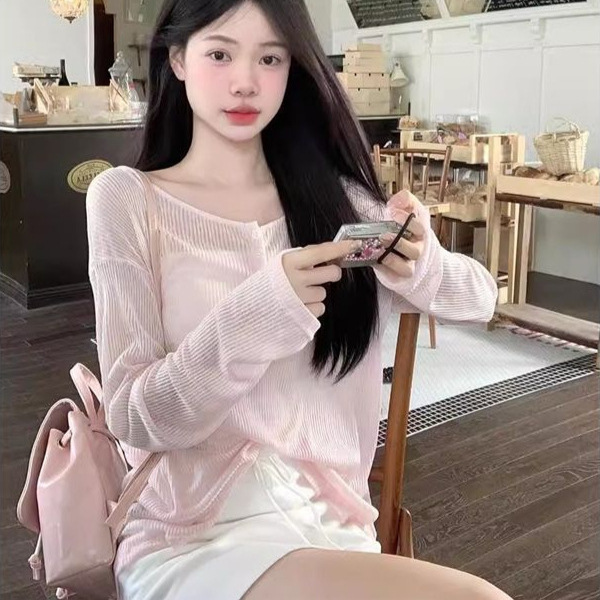 Pink Backless Tulle Backless Lace-up Long-sleeved T-shirt Women's Summer Pure Loose Slim-fit Sunscreen Blouse Ins