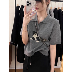 韓国版の気質の灰色のpoloの襟の半袖の氷の糸のニットの女性の春夏の小さい背は短い金のゆったりしている上着を修理します。