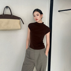 ELSISSI半高领短袖t恤打底针织衫女2025秋季新款女装修身显瘦上衣