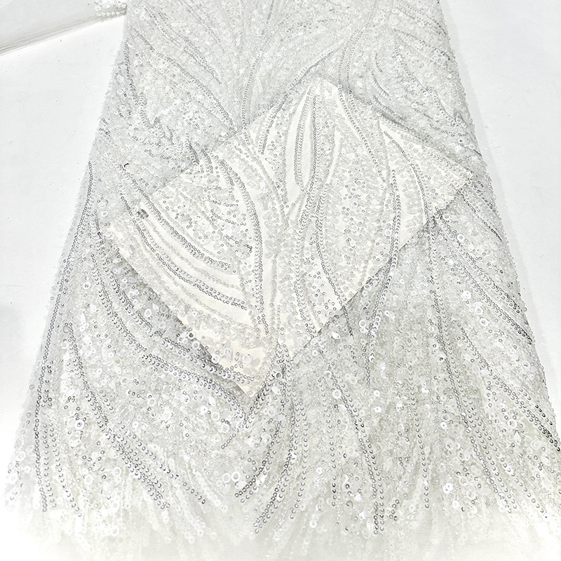 Tela de vestido de boda de alta gama, tubo de perlas bordado, bordado de sequilla, tela de moda de encaje de rendimiento