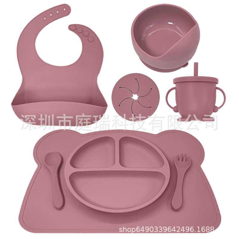 Juego de vajilla de silicona para niños placemat lechón tazón combinación traje bebé comiendo Placa de silicona resistente a la caída comida complementaria