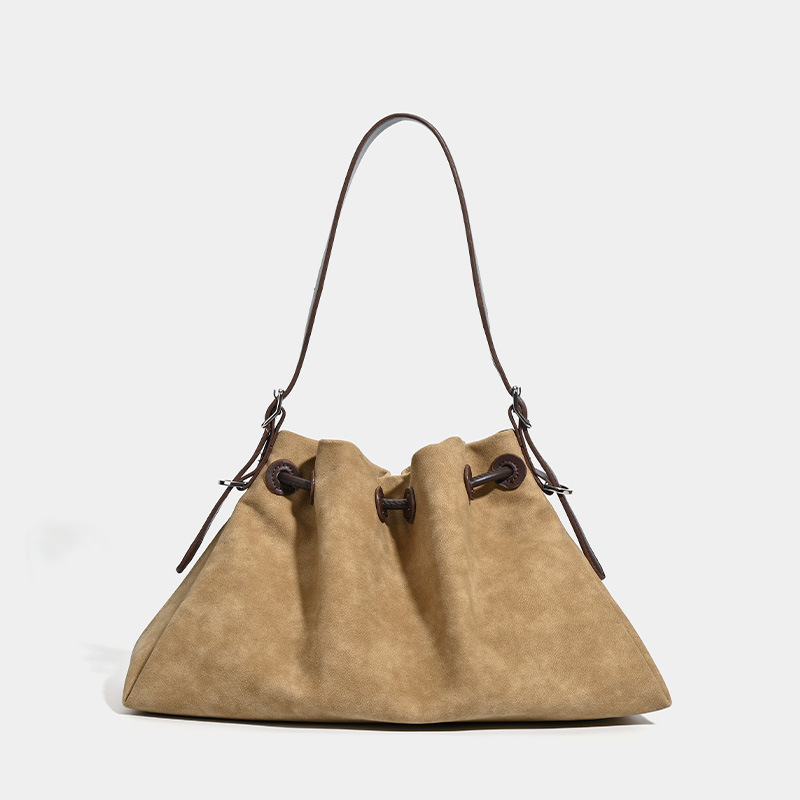 Vintage Suede Commuter Tote Bag For Women, Large Capacity Pleated Bucket Bag, Casual Versatile Shoulder And Crossbody Bag - Thumbnail 4