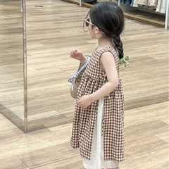 2024 Children's Summer New Arrival Girls' Forest System Literary Collar Strap Checkered Skirt Camisole Strappy Hemming Dress