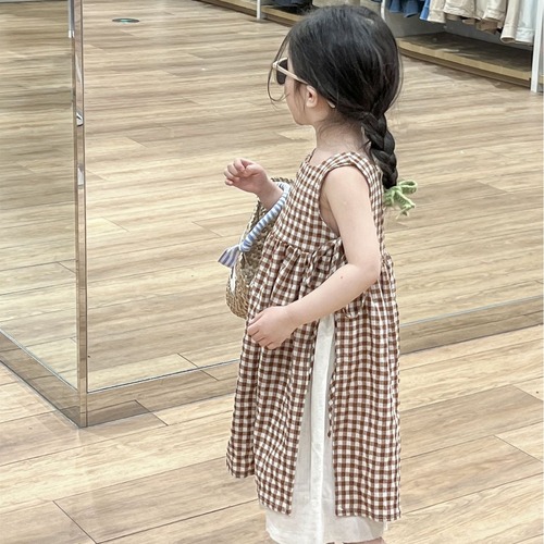 2024 Children's Summer New Arrival Girls' Forest System Literary Collar Strap Checkered Skirt Camisole Strappy Hemming Dress