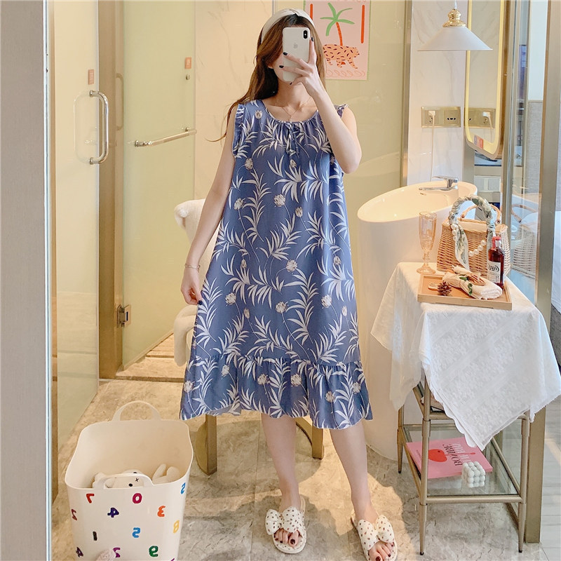 2025新款人造棉睡裙女夏季薄款绵绸印花孕妇可外穿长裙家居服|undefined