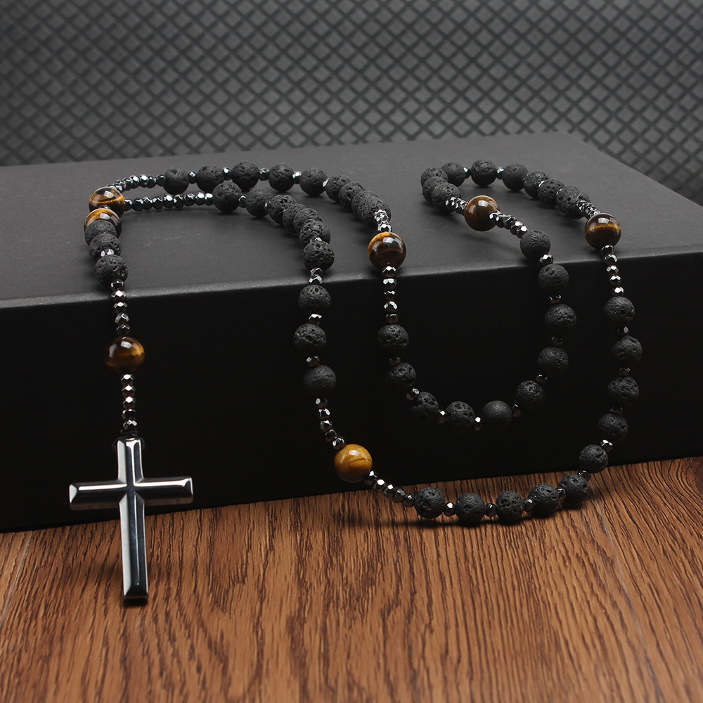 79g Weight Chinoiserie Retro Ethnic Style Cross Natural Stone Beaded Men's Pendant Necklace