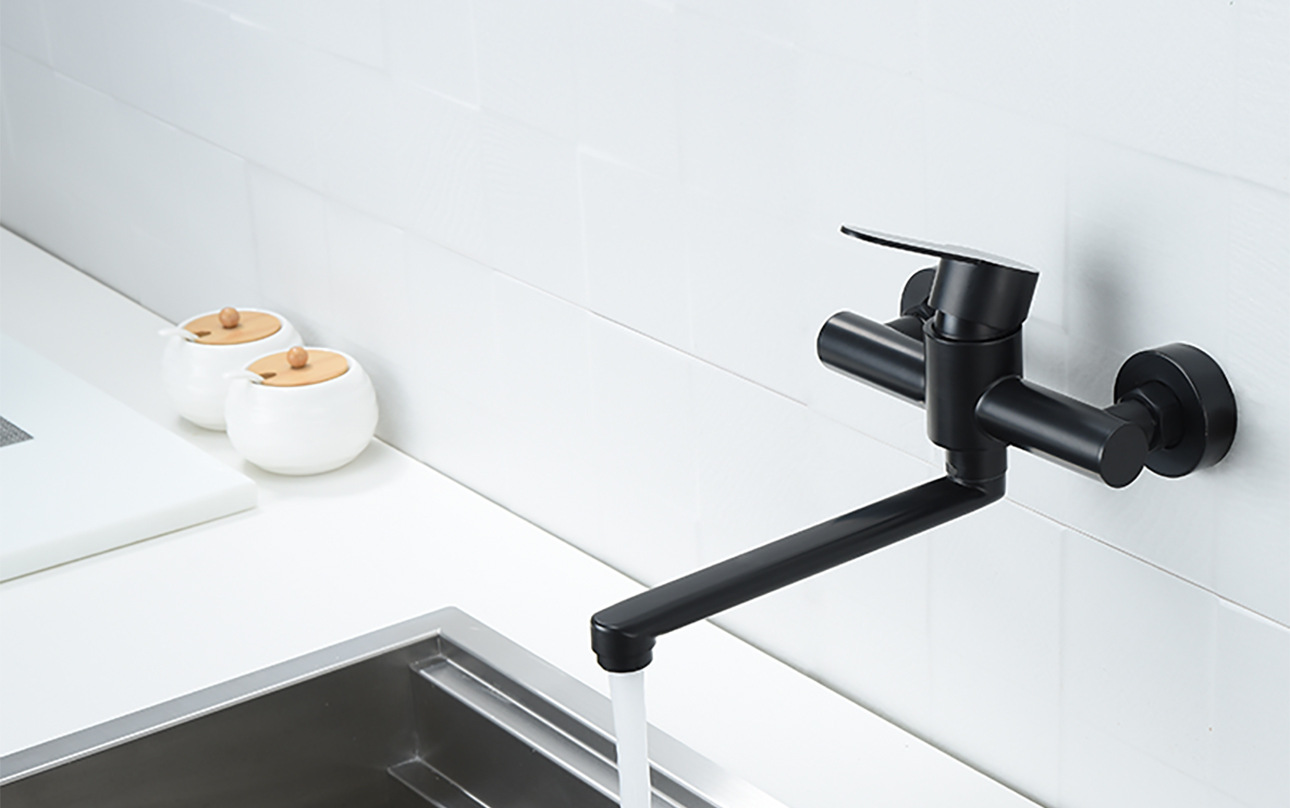 SUS304 stainless steel black wall-mounted extended spout rotatable double-hole cold and hot mixed faucet for balcony, kitchen and bathroom Item Picture