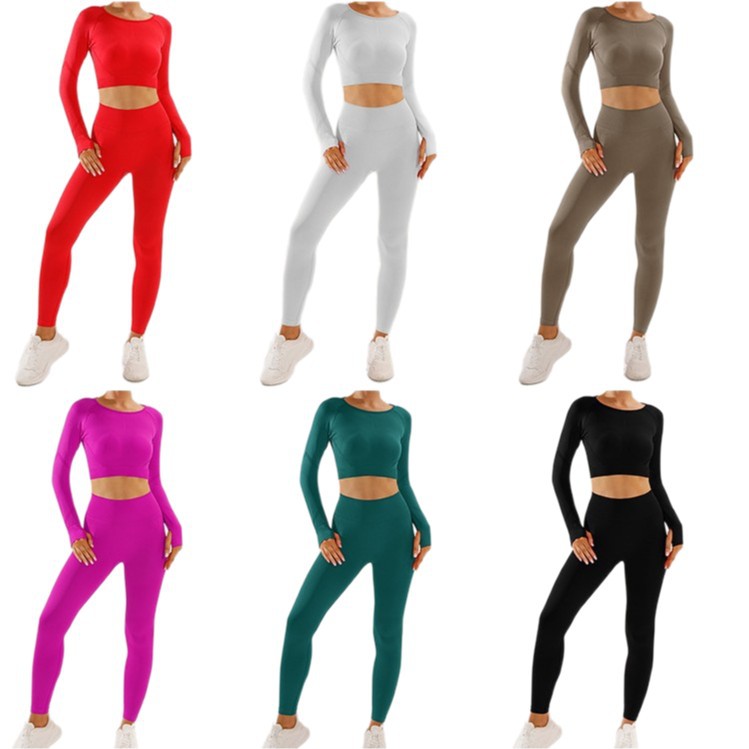 Traje de ropa de yoga sonriente sin costuras europeo y americano, pantalones de manga larga para mujer, traje de dos piezas, traje de pantalones de fitness de cadera de miel sonriente delgado