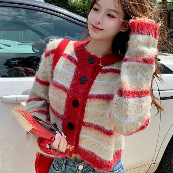 2025 Autumn and Winter New Loose Striped Contrast Color Long Sleeve Sweater Jacket Women's Short Style Casual Style Knitted Cardigan
