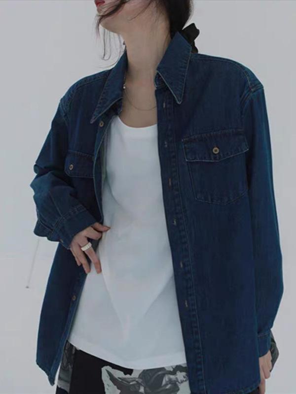 哥家商场同款女装2025秋季法式复古牛仔衬衫外套百搭长袖衬衣|undefined