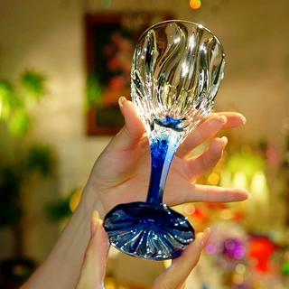 轻奢蓝底刻花水晶红酒杯高颜值家用高脚杯鸡尾酒欧式复古葡萄酒杯