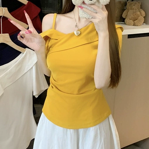 2025夏装新款胖mm大码女时尚纯欲风斜领吊带别致短袖T恤A1813白色