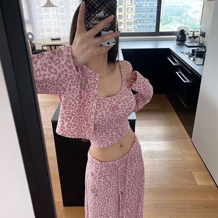 Spring and Autumn Brown Leopard Print Suspender Pajamas (with Chest Pads) 2026 Spring and Summer New Style Three-Piece Set with Cool Fabric
