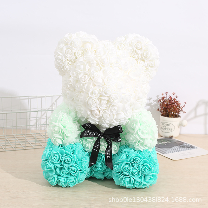 厂家直销情人节渐变色Pe花玫瑰熊手工仿真永生玫瑰节日礼物