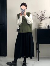 大码胖mm遮肉显瘦三件套装女春季针织背心马甲小众打底衫半身裙子