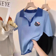哥家商场同款女装2025夏季韩系蓝色POLO领猫咪刺绣冰丝短袖T恤女