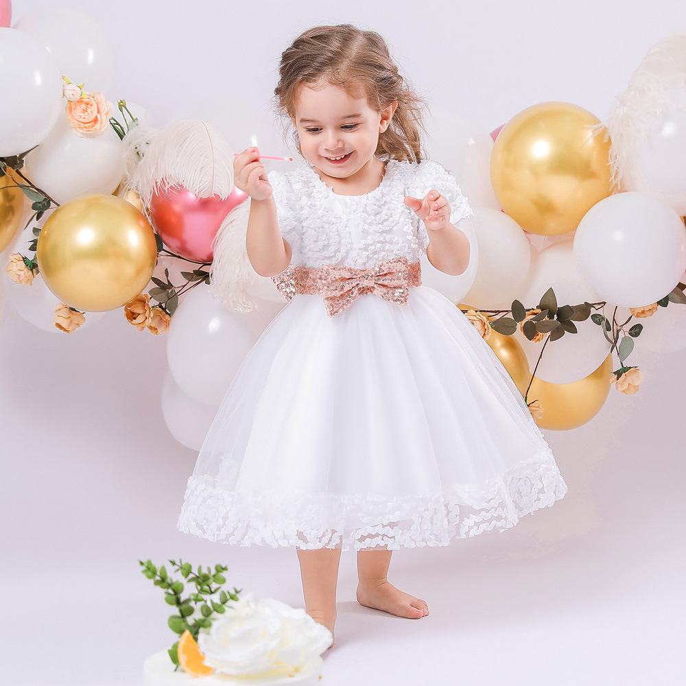 Baby's one-year-old dress sequined belt bow pettiskirt three-dimensional petal short sleeve cotton lining girls' photography clothing