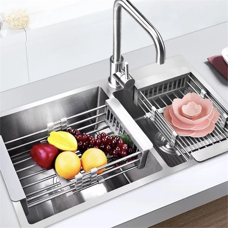 Venta directa de fábrica rejilla de drenaje retráctil fregadero de la cocina canasta de drenaje rejilla de lavabo engrosado de acero inoxidable rejilla de lixiviación