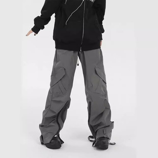 美式vibe灰色机能工装冲锋裤男户外防水直筒高街hiphop设计感裤子