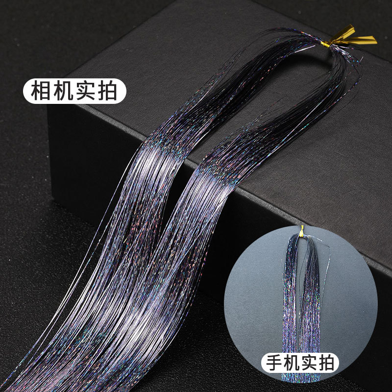 Amazon caliente tinselhair láser de alambre de oro brillante hilo de metal colorido sin costuras fábrica de fuente de cabello