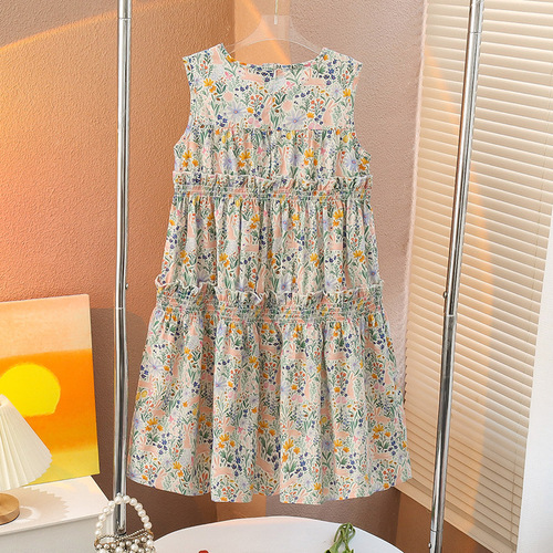 Girls Summer Cotton Sleeveless Dress Pure Cotton Floral Tank Top Forest Suspension Vacation Summer Travel Trend