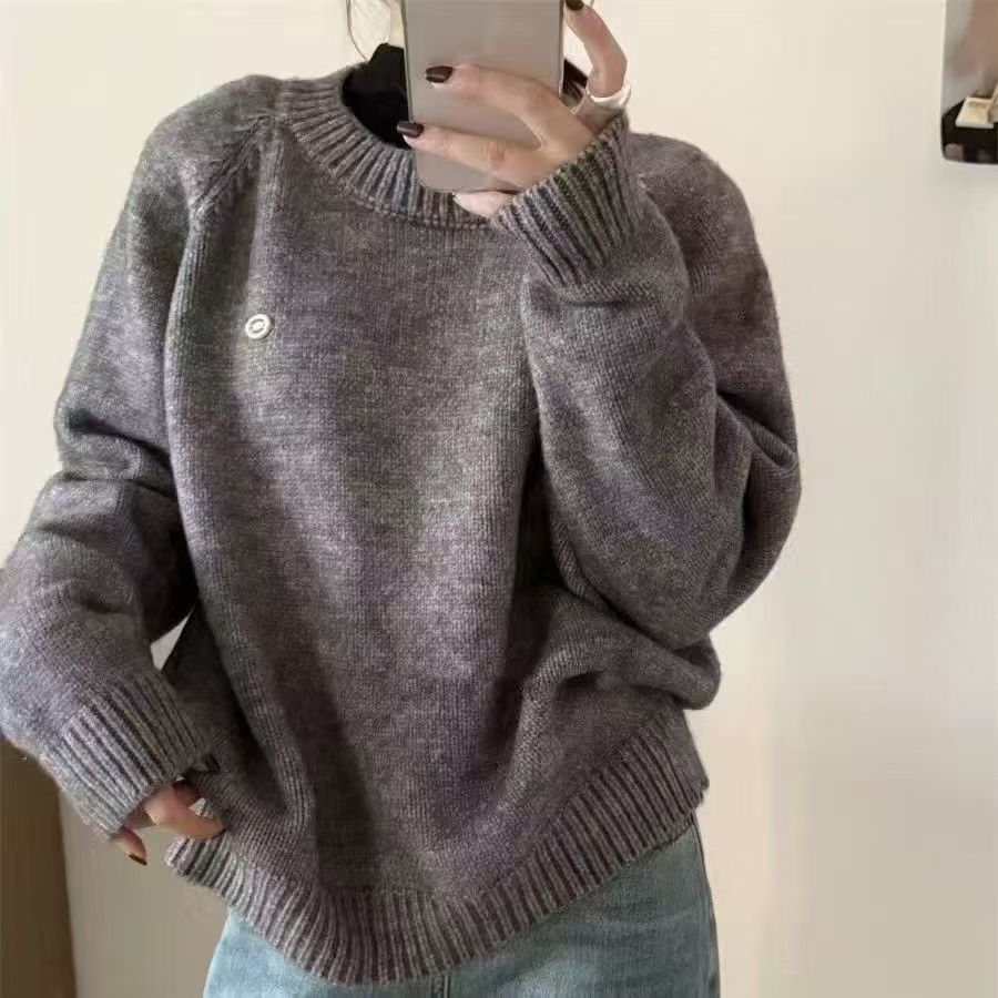 Cross-Border Korean Chic Preppy Lazy Sweater for Women 2025 Autumn and Winter Round Neck Pullover Versatile Soft Waxy Knitted Top