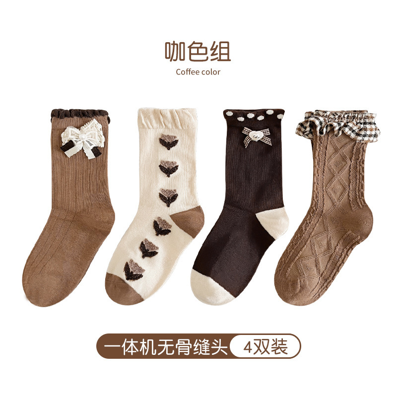 包邮一体机无骨缝头lolita儿童袜子秋冬新款蝴蝶结花边女童中筒袜|undefined