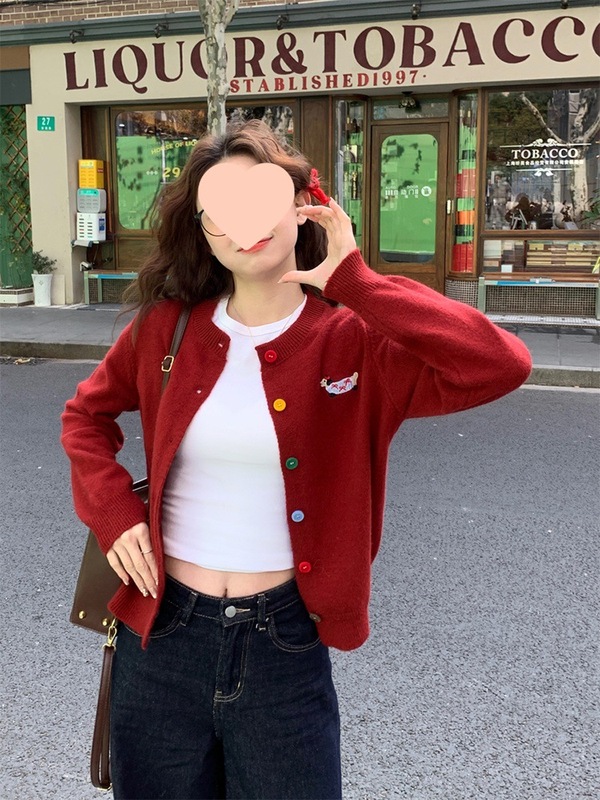 红色刺绣开衫女外套2025早春新款短款毛衣外搭圆领针织上衣春秋季|undefined