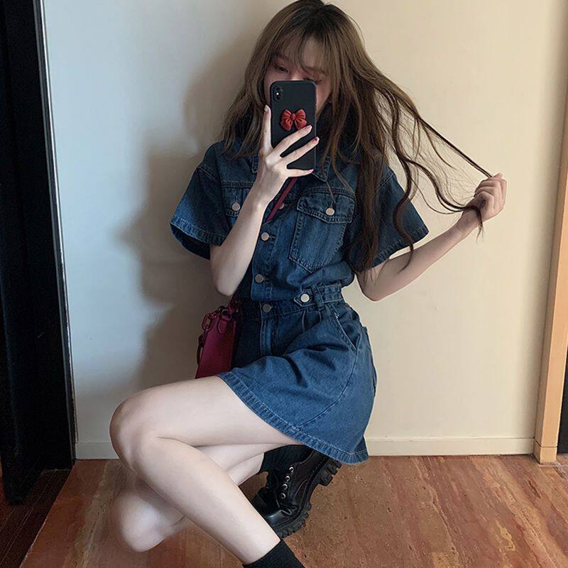 Đầm denim nữ tay ngắn cổ polo dáng chữ A chiết eo phong cách thanh lịch — Màu be, Màu hồng chi tiết 5