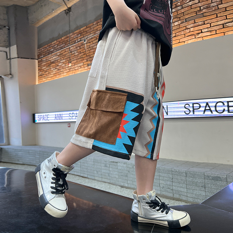 Short tricoté américain pour garçon, pantalon de plage cinq-en-un brodé à couleurs contrastées, nouvelle collection été 2024_voghion.com