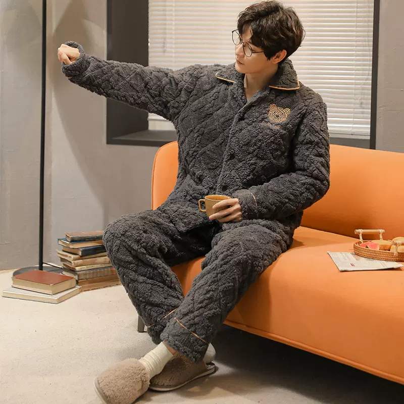 猫人男士睡衣秋冬季珊瑚绒三层夹棉加厚保暖法兰绒开衫家居服套装