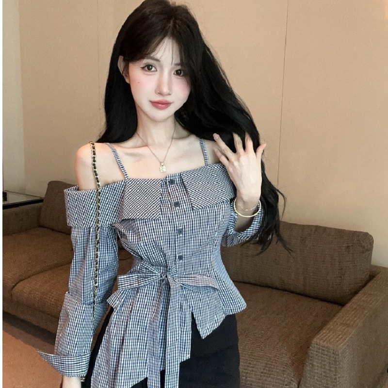 Mr [Original Method] Off-Shoulder Plaid Strap Shirt for Women with Bow Tie Slim Irregular Blouse