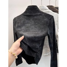 2025冬季新款正肩半高领褶皱收腰扎染长袖德绒内搭打底上衣女T恤