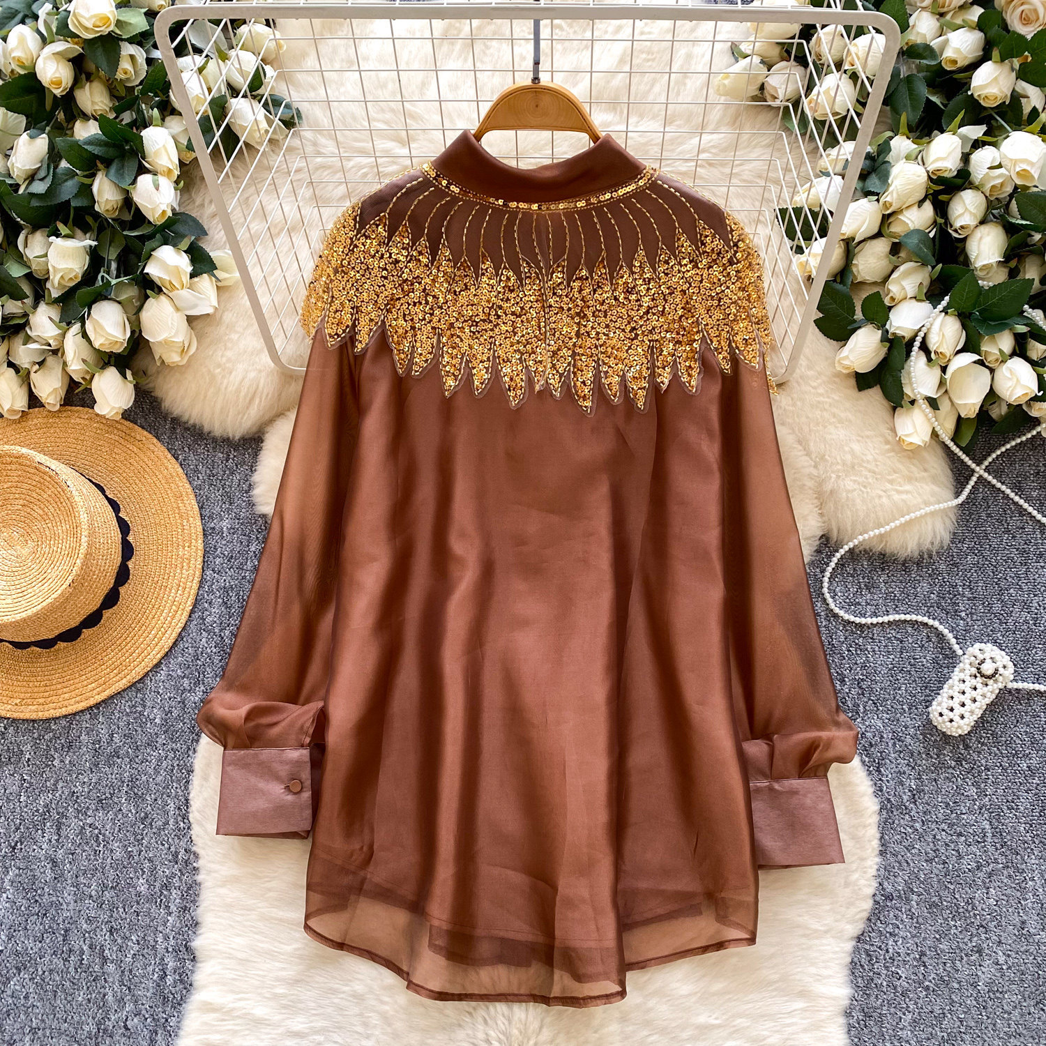 Women's Sequined Beaded Mesh Long Sleeved Shirt Loose Fitting Cardigan Elegant And Sophisticated Design for Commuting Niche_voghion.com