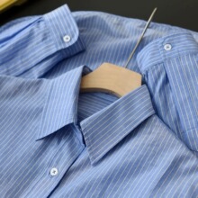 篙阶品质感55%桑蚕丝+棉蓝细条亲肤透气尖领气质休闲宽松衬衫上衣