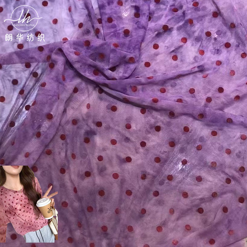 弹力国风扎染烧花面料烂花新中式圆点旗袍上衣连衣裙面料弹力网布