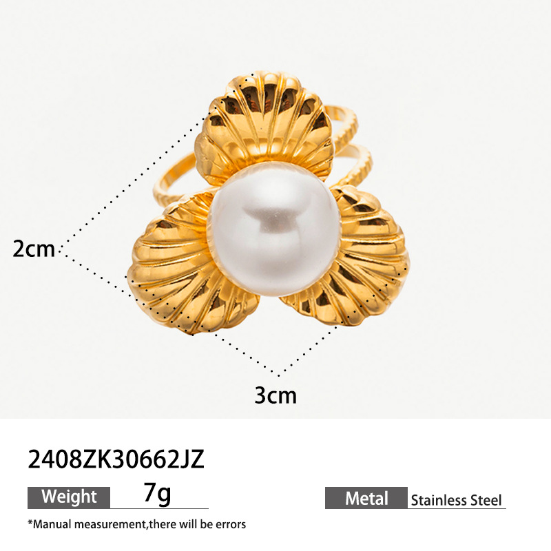 Tina transfronteriza anillo de viento de flores de perlas de acero inoxidable chapado en oro 18k joyas de acero de titanio al por mayor