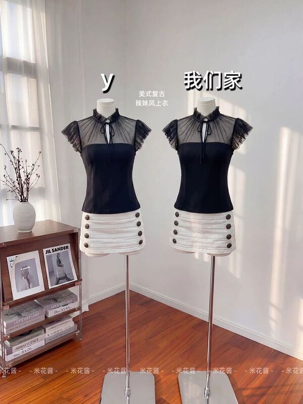 Retro-Style Black Mesh Patchwork Ruffle Top for Women, Summer Bow-Tie Slim-Fit Lace Blouse
